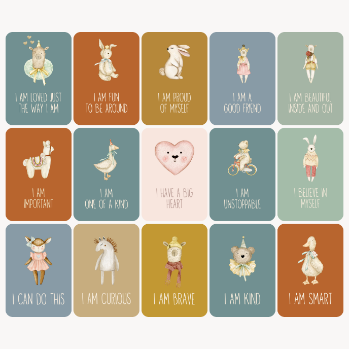 Set of 16 affirmation cards with illustrations and text on a white background