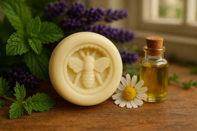 Beeswax candle with bee design, bottle of oil, and flowers on a wooden surface