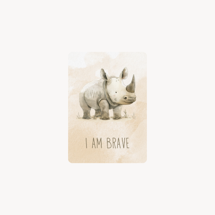 Illustration of a rhino with 'I AM BRAVE' text on a beige background