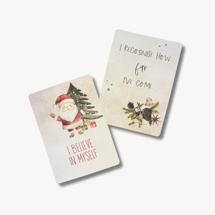 Two decorative cards with Christmas-themed designs and text on a white background