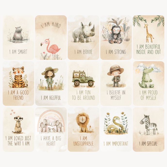 Set of affirmation cards with animal illustrations and text on a beige background
