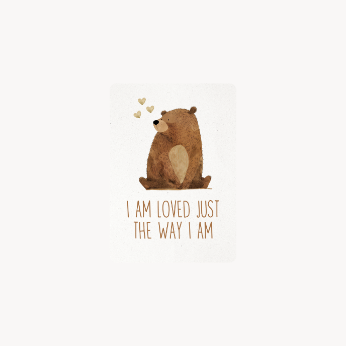 Illustration of a bear with hearts and text on a white background