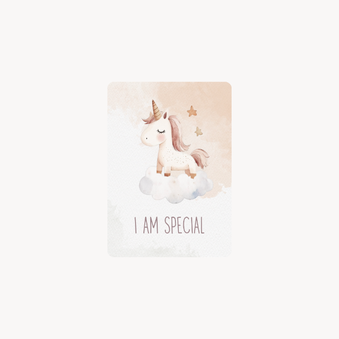 Unicorn on a cloud with 'I am special' text on a light pink background