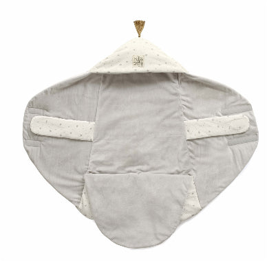 Gray baby wrap with white accents on a white background