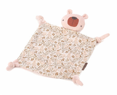 Floral-patterned security blanket with bear-shaped top on a white background