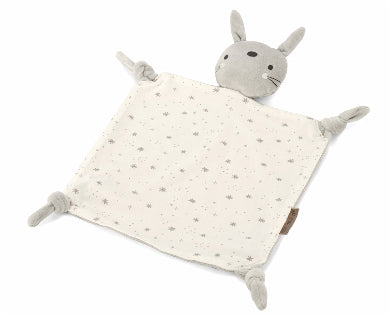 Gray rabbit-shaped comfort blanket with a white background