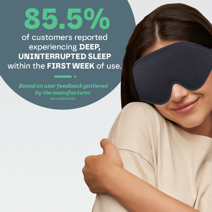 Woman wearing a sleep mask with customer feedback text on a light gray background