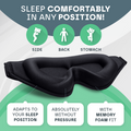 Black neck pillow with text and icons indicating its use for different sleep positions.