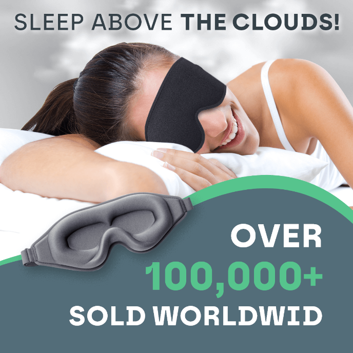 Person sleeping with a sleep mask and eye mask, with promotional text about sales.