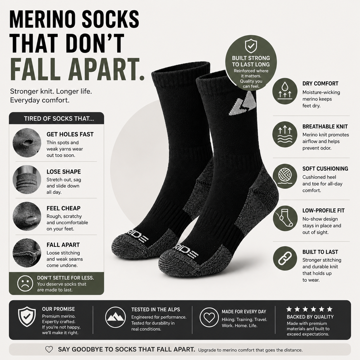 Black Merino Wool Hiking Socks