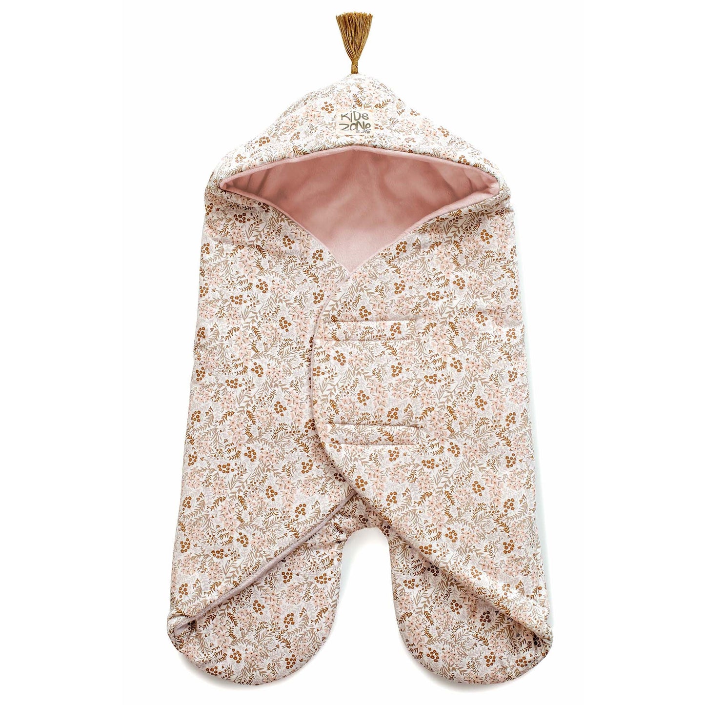 Floral patterned baby swaddle with pink interior on a white background