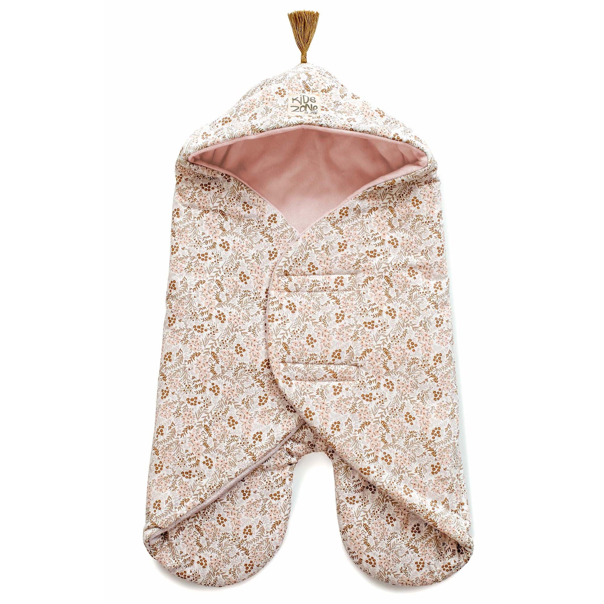 Floral patterned baby swaddle with pink interior on a white background