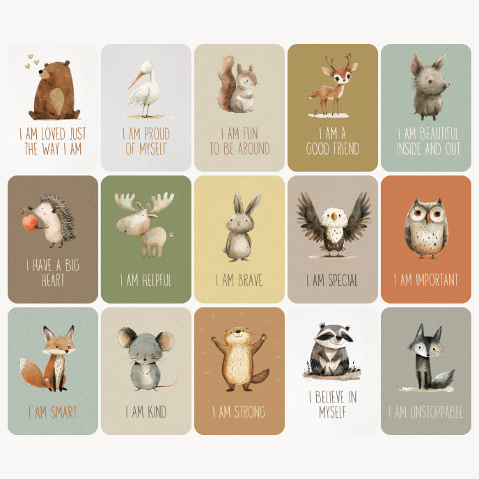 Set of 16 cards with various animals and positive affirmations on a white background