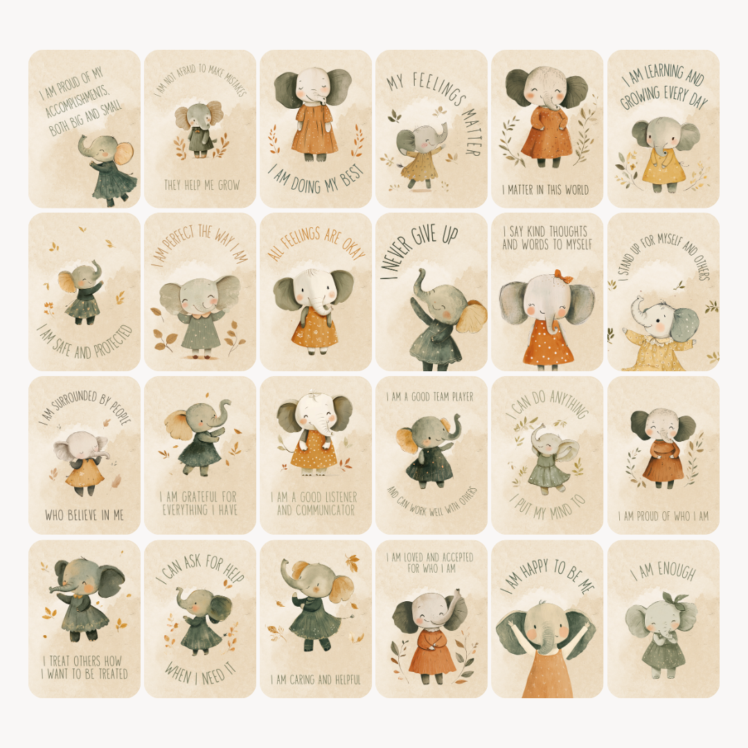 Set of 24 cards with illustrated elephants and text on a beige background