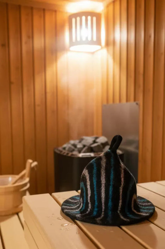 Felted Sauna Bowl Hat - Black Blue Streaks - Mindres