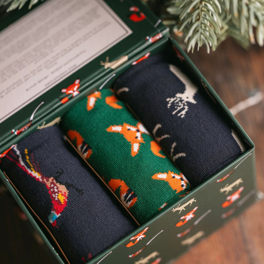 Set of three patterned socks in a decorative box with Christmas tree branches in the background.