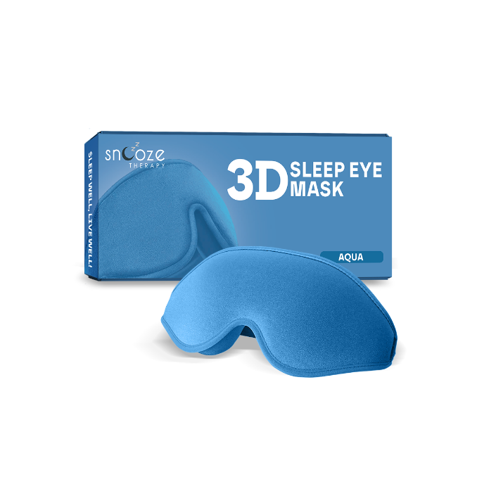 Blue 3D sleep eye mask with packaging on a white background