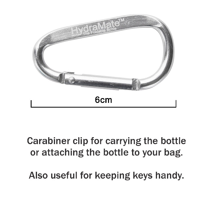 Carabiner clip with dimensions and text on a white background