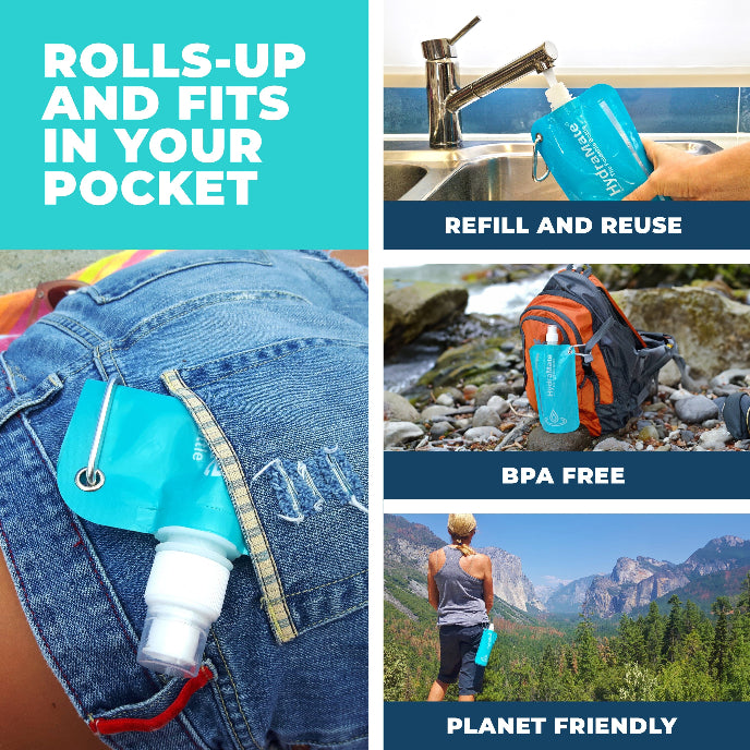 Collage of a portable water bottle with features highlighted on a scenic background.