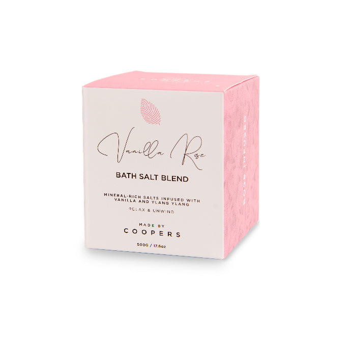 Vanilla Rose bath salt blend packaging with pink and white design on a white background