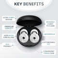 Black earbud case with white earbuds and key benefits listed on a gray background