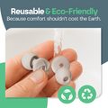 Reusable earbuds held in a hand with 'Reusable & Eco-Friendly' text and recycling icons.