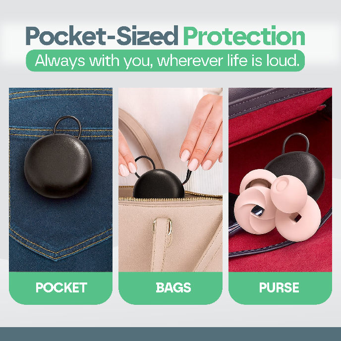 Product packaging with 'Pocket-Sized Protection' text and images of the product in a pocket, on bags, and in a purse.