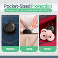 Product packaging with 'Pocket-Sized Protection' text and images of the product in a pocket, on bags, and in a purse.