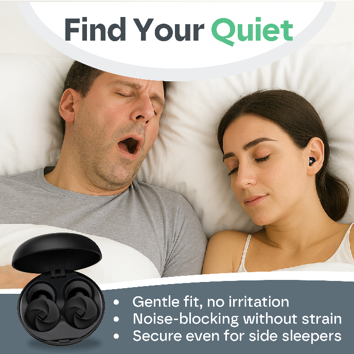 Couple in bed with one yawning and the other sleeping, with earplugs and 'Find Your Quiet' text.