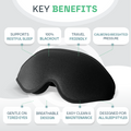 Black sleep mask with key benefits listed on a white background