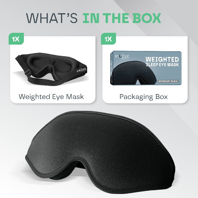 Black weighted sleep eye mask with packaging box on a gray background