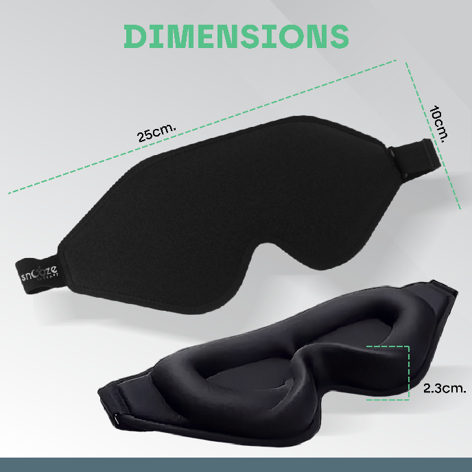 Black sleep mask with measurements on a gray background
