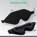 Black sleep mask with measurements on a gray background