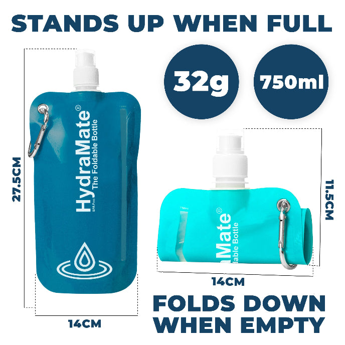 HydraMate foldable water bottle with dimensions and weight information on a white background