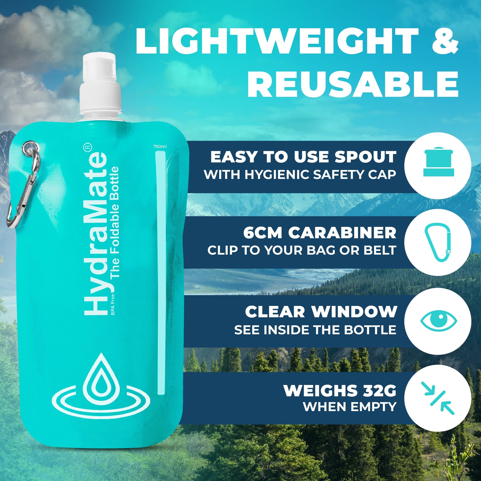 HydraMate foldable bottle with features listed on a scenic background