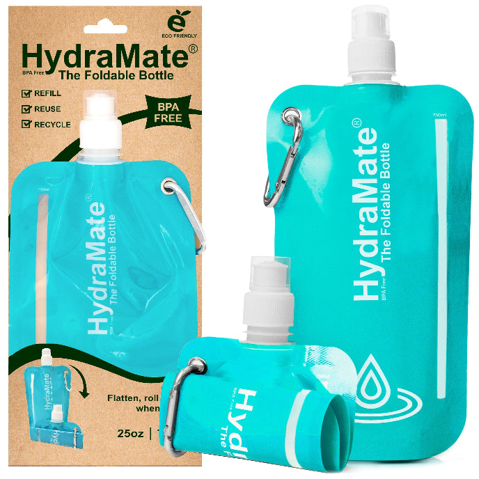HydraMate foldable water bottle with packaging on a white background