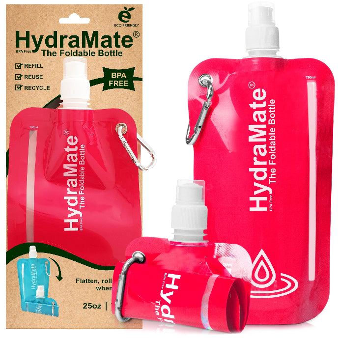 Red HydraMate foldable bottle with carabiner on a white background