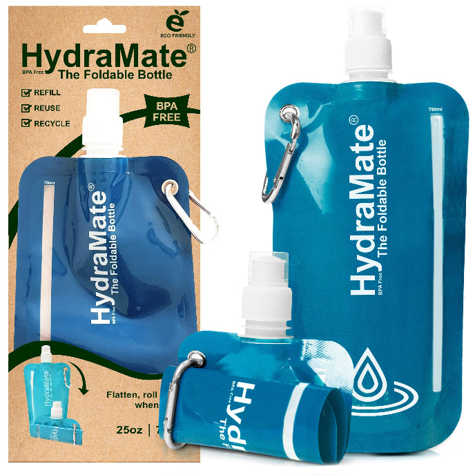 Blue HydraMate foldable bottle with packaging on a white background