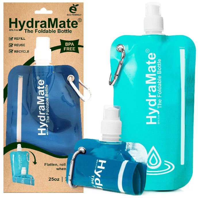 HydraMate foldable bottle with packaging on a white background