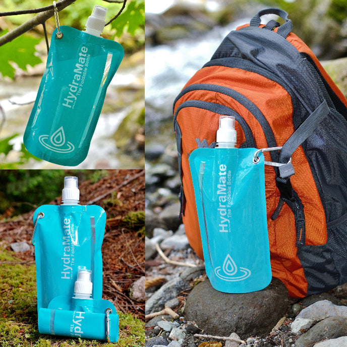 HydraMate water bottle and pouch in outdoor settings with a backpack.