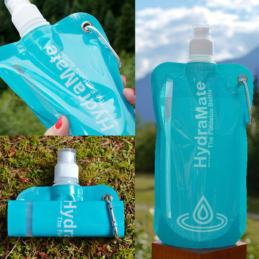 Collage of a blue Hydramate folding water bottle in various settings.