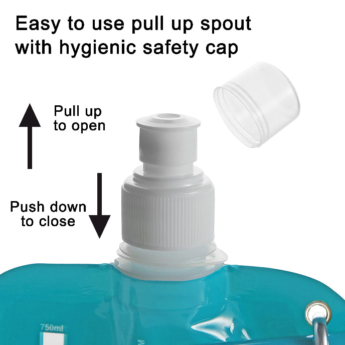 Close-up of a pull-up spout with a hygienic safety cap on a blue container.