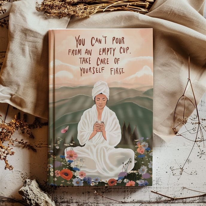 Book with a motivational quote and illustration of a person in a bathrobe holding a cup, surrounded by flowers and mountains.