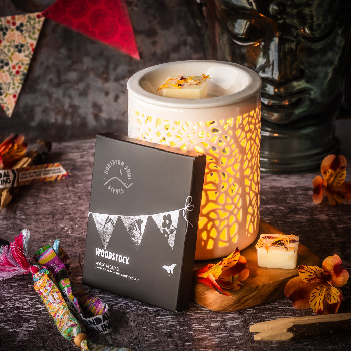 Luminous wax warmer with decorative packaging on a rustic surface
