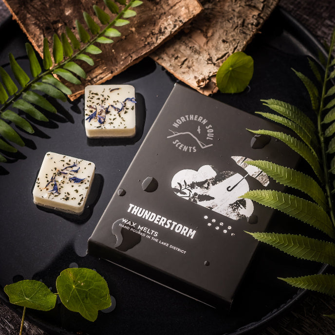 Wax melts with packaging labeled 'Thunderstorm' on a dark surface with green leaves.