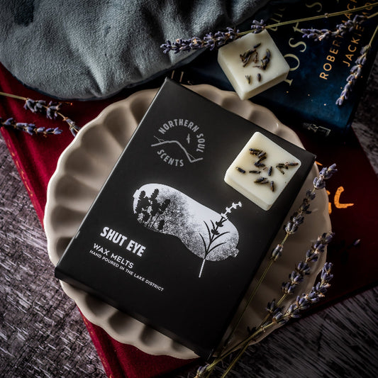 Wax melts packaging with 'Shut Eye' on a decorative plate with lavender and books in the background