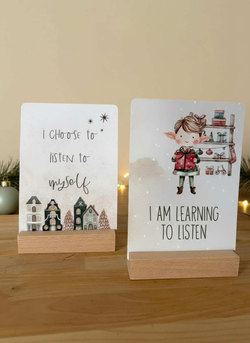 Two motivational cards on stands with illustrated characters and text.