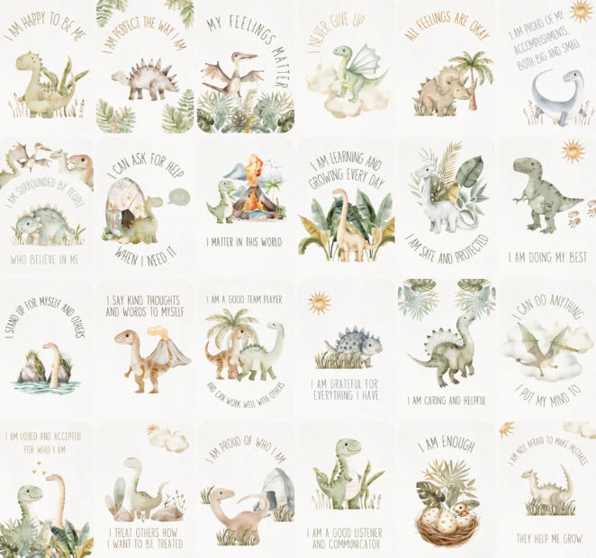 Pattern of cartoon dinosaurs with motivational phrases on a white background