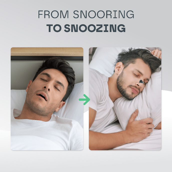 Two images of a man sleeping, with text 'From Snooring to Snoozing' on a light gray background.