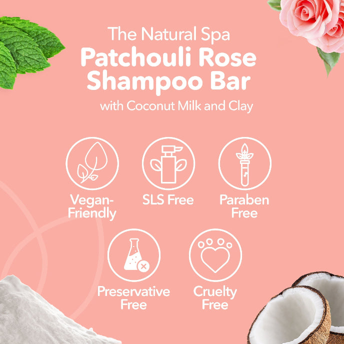 Patchouli Rose Shampoo Bar with coconut milk and clay on a pink background